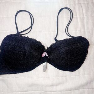 Victoria's Secret Black Lace Padded Demi Bra with Pink Bow Size 34C
